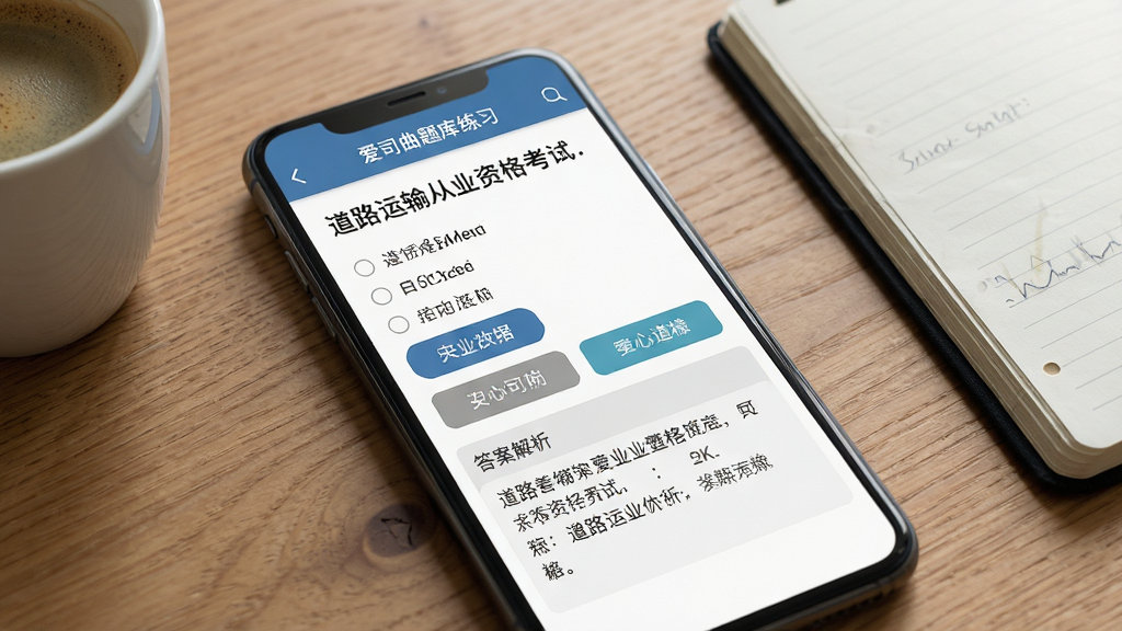 爱司曲题库练习界面展示,主体为手机屏幕特写,屏幕中显示一道道路运输从业资格考试的单选题,选项下方有答案解析区域,布局为上下结构,手机放置在木质桌面上,旁边有一杯咖啡和一本笔记本,风格为写实生活场景,细节包含清晰的题目文字、选项按钮和解析内容,画质为高清2K,光线柔和,干净整洁,无多余元素