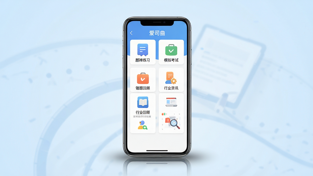 爱司曲手机应用主界面展示,主体是一部竖屏智能手机,屏幕中显示爱司曲应用程序的首页布局,包含题库练习、模拟考试、错题回顾、行业资讯等功能入口图标,布局为居中构图,手机下方有柔和阴影,背景为浅蓝色渐变,风格为扁平化UI设计演示图,细节包含清晰的图标文字和整齐的卡片式排版,画质为高清2K,干净明亮,无多余元素
