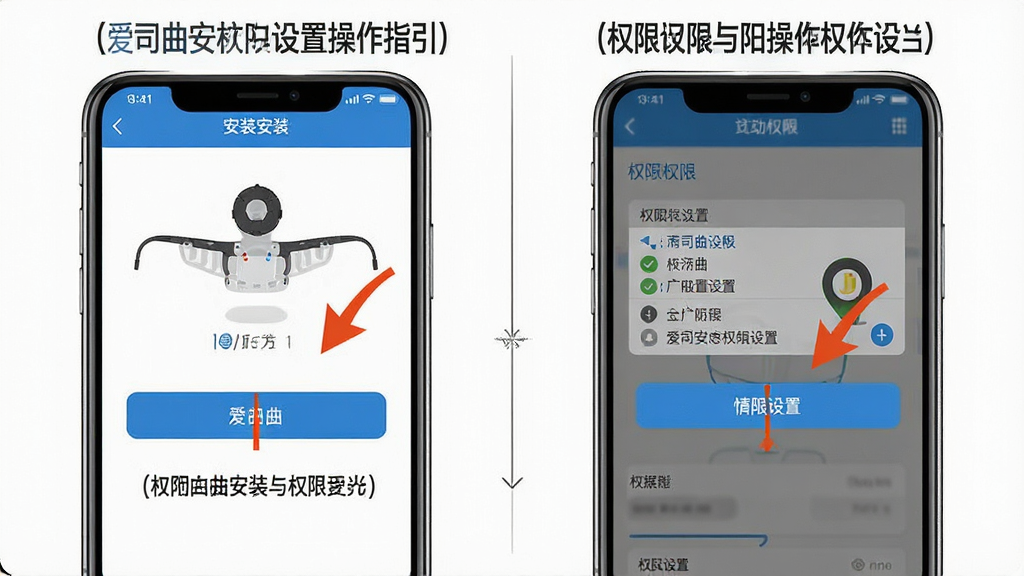 爱司曲安装与权限设置操作指引图,主体为手机屏幕截图组合,左侧显示安装界面,右侧显示权限设置界面,布局为左右对比结构,风格为教程演示图,细节包含清晰的按钮指示箭头和文字标注,画质为高清2K,背景干净,无多余元素