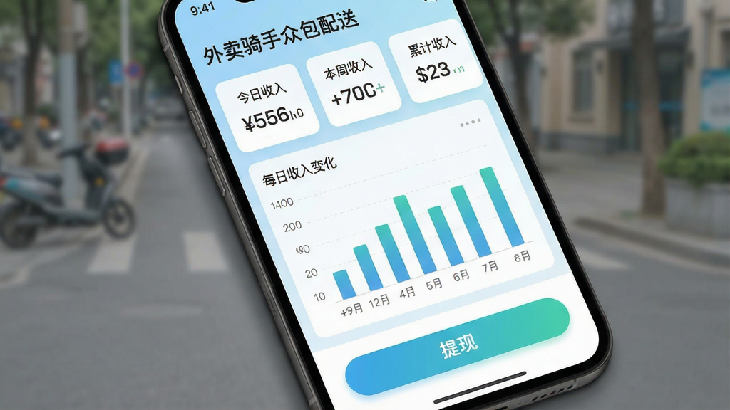 一张展示外卖骑手众包配送软件收入统计页面的手机截图,画面主体为手机屏幕,屏幕内显示收入图表和提现按钮,包含“今日收入”“本周收入”“累计收入”等数据卡片,图表为柱状图展示每日收入变化,背景为浅蓝色渐变,风格为清新商务风,细节包括数字字体清晰、按钮圆角设计、手机阴影自然,画质高清干净无多余元素,图片中文字标注“外卖骑手众包配送”