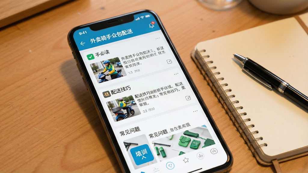 一张展示外卖骑手众包配送软件骑手社区界面的手机截图,画面中央为手机屏幕,屏幕内显示社区帖子列表和培训教程入口,包含“新手必读”“配送技巧”“常见问题”等板块,手机旁边有一本笔记本和一支笔,背景为暖色调桌面,风格为温馨学习风,细节包括帖子缩略图、文字排版整齐、手机屏幕亮度自然,画质高清干净无多余元素,图片中文字标注“外卖骑手众包配送”