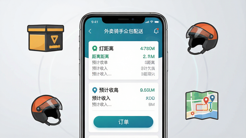 一张展示外卖骑手众包配送软件主界面的手机应用截图,画面中央是一部竖屏智能手机,屏幕内显示外卖骑手众包配送App的订单列表页面,包含订单卡片、距离信息、预计收入等元素,手机周围环绕着外卖箱、电动车头盔、配送路线图等配送相关图标,整体布局简洁清晰,风格为写实科技风,细节包括手机边框光泽、界面按钮高亮效果、背景为浅灰色渐变,画质高清干净无多余元素,图片中文字标注“外卖骑手众包配送”