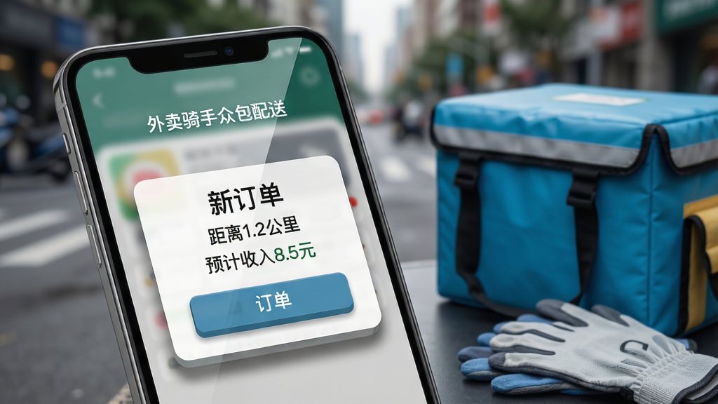 一张展示外卖骑手众包配送软件抢单功能的界面截图,画面主体为手机屏幕特写,屏幕内显示订单弹窗提醒,包含“新订单”“距离1.2公里”“预计收入8.5元”等文字信息,手机旁边放置一个外卖保温箱和一副手套,背景为城市街道虚化效果,风格为写实商业风,细节包括弹窗阴影、按钮立体感、手机屏幕反光,画质高清干净无多余元素,图片中文字标注“外卖骑手众包配送”