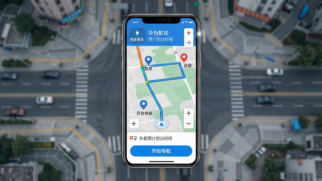 一张展示外卖骑手众包配送软件导航功能的手机界面图,画面中央为手机屏幕,屏幕内显示地图导航页面,包含起点、终点、路线轨迹、预计到达时间等元素,地图上标注有取货点和送货点图标,手机下方有“开始导航”按钮,背景为城市道路俯视图,风格为科技简约风,细节包括地图缩放控件、路况颜色标注、手机边框高光,画质高清干净无多余元素,图片中文字标注“外卖骑手众包配送”