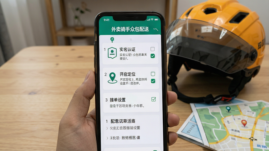 一张展示外卖骑手众包配送软件新手教程页面的手机截图,画面主体为手机屏幕,屏幕内显示步骤指引和注意事项列表,包含“实名认证”“开启定位”“接单设置”等图文说明,手机旁边有一个安全头盔和一份配送地图,背景为室内桌面,风格为实用教学风,细节包括步骤编号、勾选框、文字清晰可读,画质高清干净无多余元素,图片中文字标注“外卖骑手众包配送”
