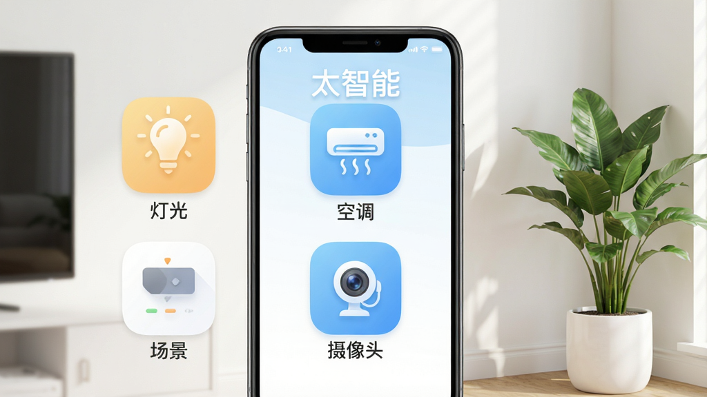 画面展示“太智能”APP的主界面,界面采用大字体和大图标设计,图标包括“灯光”“空调”“摄像头”“场景”等。背景是干净的家居一角,有一盆绿植。排版为正面平铺展示,风格为清新浅色、极简主义。细节上图标有圆润的边角。画质明亮,干净无干扰。