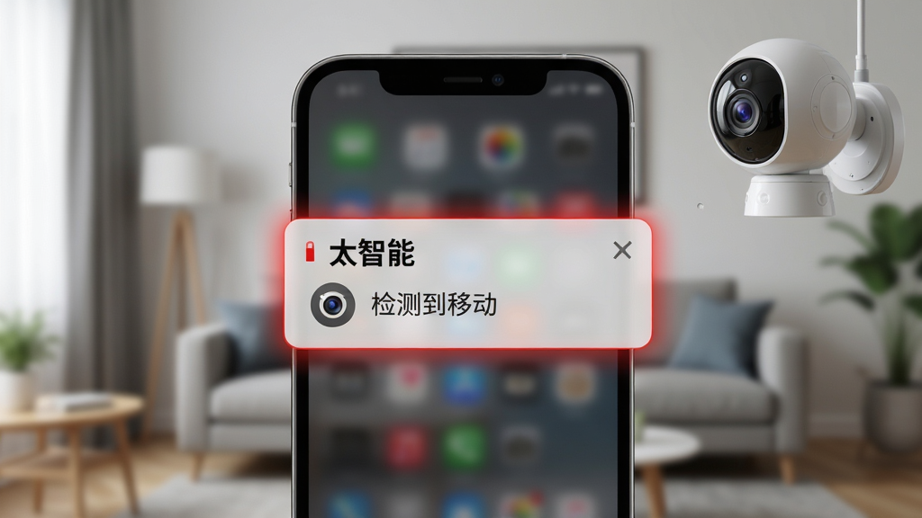 画面主体是手机屏幕特写,屏幕上显示“太智能”的告警通知,通知内容包含“检测到移动”字样和一个摄像头图标。手机背景是模糊的客厅画面,画面中有一个摄像头正在工作。布局为手机居中,风格为写实科技感。细节上通知卡片有红色高亮边框。画质清晰,干净无杂乱。
