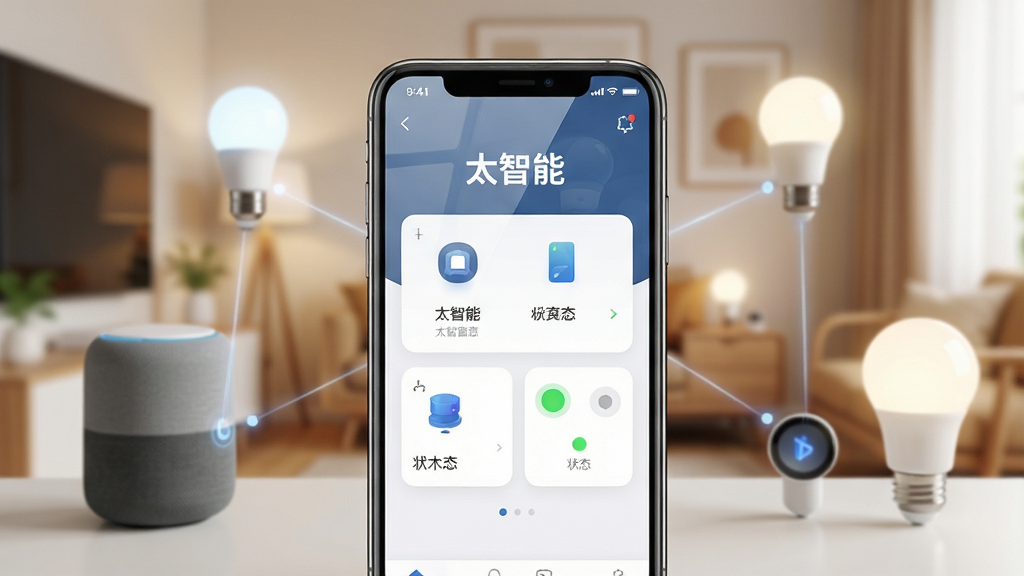 画面中央是一部智能手机,屏幕上显示着“太智能”APP的界面,界面布局简洁,包含设备卡片和状态指示灯。背景是温馨的现代家居环境,有智能音箱、智能灯泡等元素环绕在手机周围,形成连接感。排版采用中心对称构图,风格为现代科技感与居家温馨融合。细节上手机屏幕有轻微反光,背景虚化处理。画质清晰,干净明亮,无多余元素。
