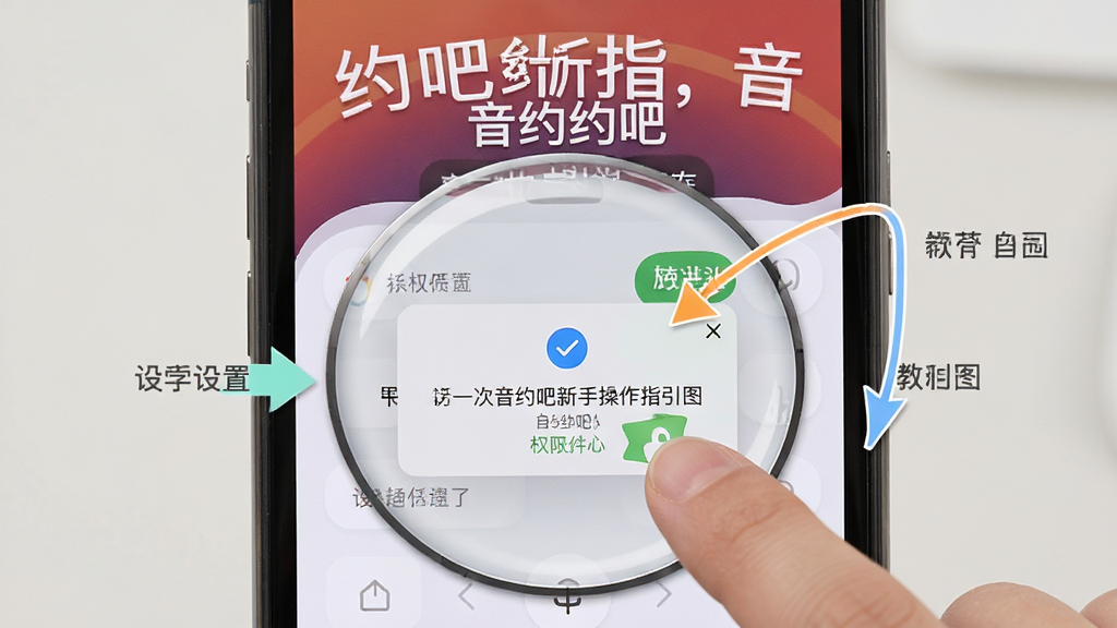 音约吧新手操作指引图,画面展示手机屏幕中音约吧界面与手指点击设置选项的特写,布局为居中放大,风格教学图解,细节包含箭头指示与权限弹窗图标,画质高清,干净无多余元素