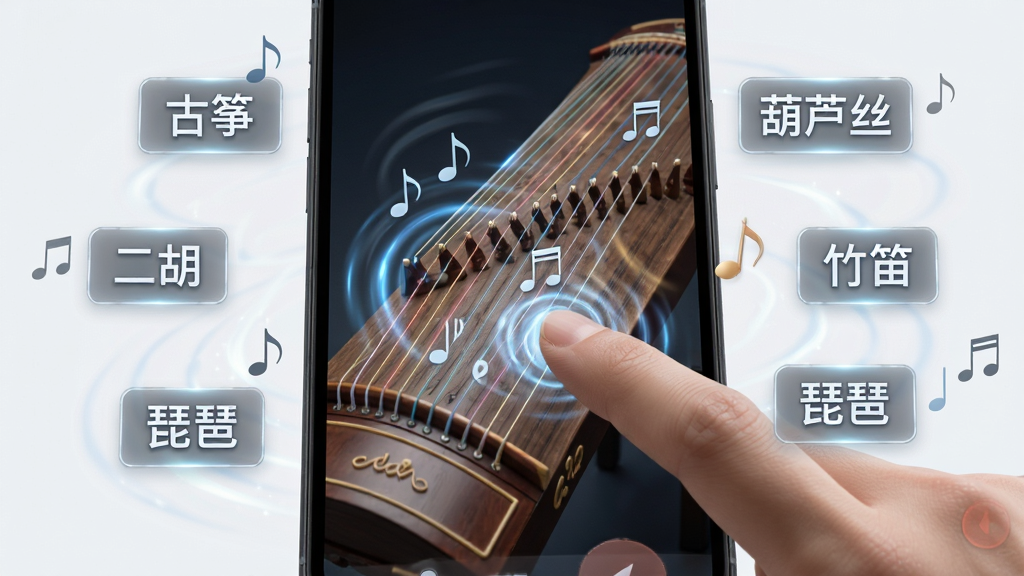 音约吧虚拟乐器演奏界面,画面主体为一只手指轻触手机屏幕上的古筝琴弦,屏幕周围漂浮着“古筝”“二胡”“葫芦丝”“竹笛”“琵琶”字样标签,布局为居中特写,风格写实科技感,细节包含琴弦振动光效与音符符号,画质高清,干净无多余元素