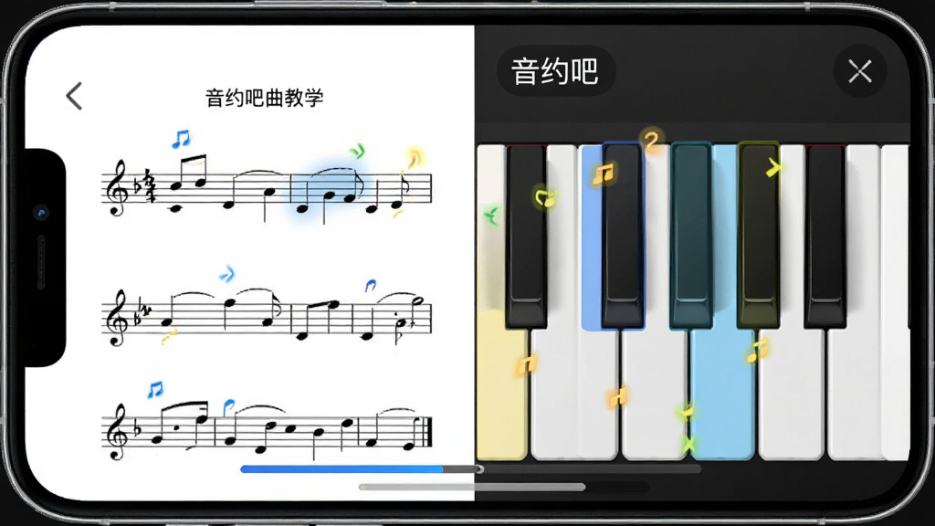 音约吧曲谱教学界面,画面展示手机屏幕中一份乐谱与虚拟键盘对应高亮提示,布局为左右分栏,左侧乐谱右侧琴键,风格简洁教学风,细节包含音符跳动与进度条,画质高清,干净无多余元素