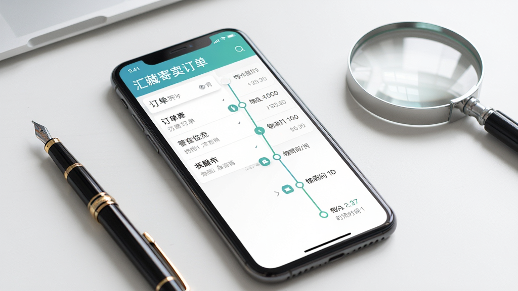 汇藏寄卖订单追踪页面,手机屏幕显示订单列表和物流时间轴,界面配色清爽,背景为简约办公桌面,放置一支钢笔和一个放大镜,整体风格干净利落,画质细腻