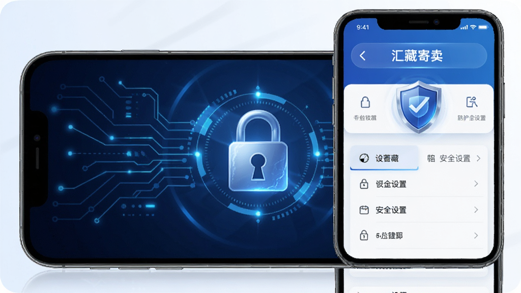 汇藏寄卖安全防护功能展示,手机屏幕显示盾牌图标和安全设置选项,背景为深蓝色科技感线条,画面中央有锁形图案,风格稳重专业,画质干净,无多余元素