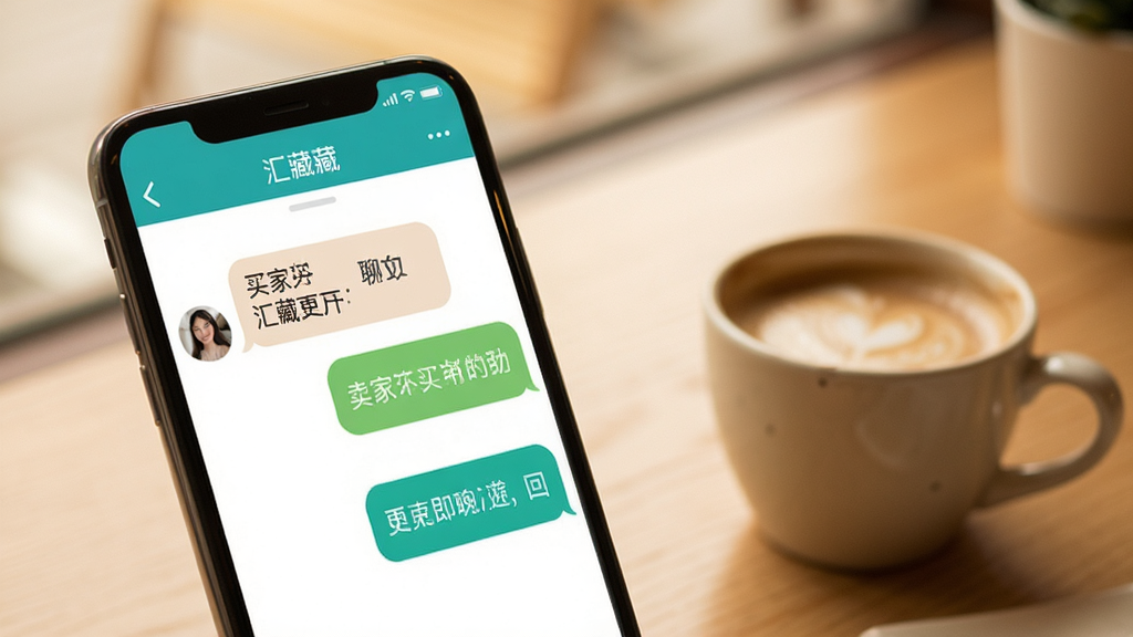 汇藏寄卖即时沟通聊天界面,手机屏幕展示对话气泡,左侧为买家提问,右侧为卖家回复,背景为柔和暖色调,桌面放置一杯咖啡,风格温馨自然,画质清晰,无多余装饰