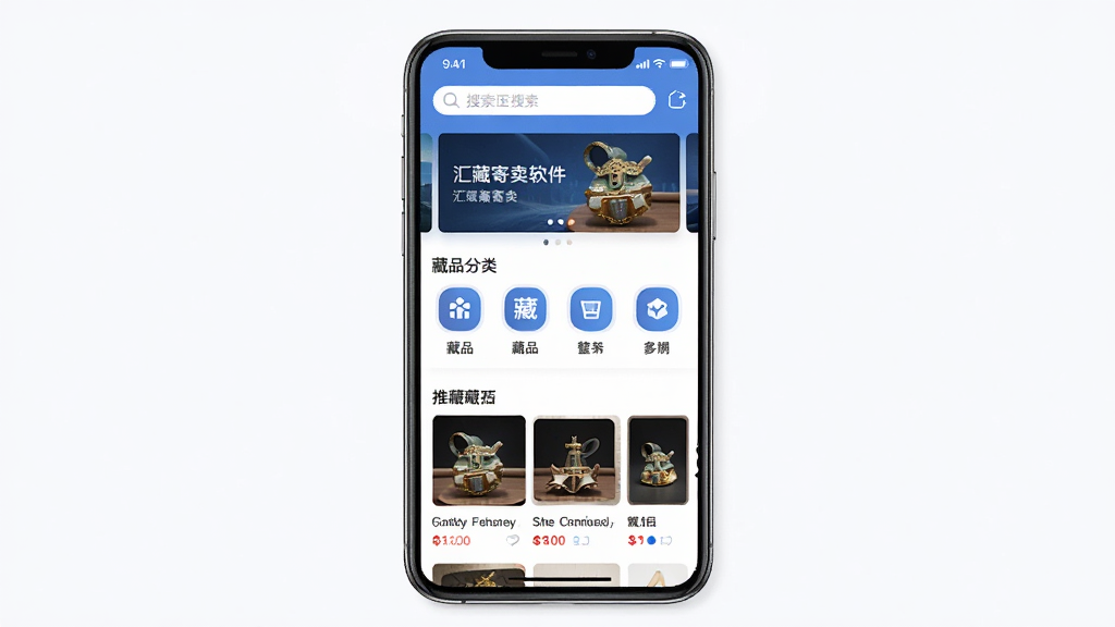 汇藏寄卖软件主界面全貌展示,画面中央放置一部智能手机,屏幕内呈现汇藏寄卖APP首页布局,上方有搜索栏和轮播图,中部为藏品分类图标,下方为推荐藏品列表,整体采用简洁商务风格,色调以蓝白为主,细节清晰,画质干净,无多余元素