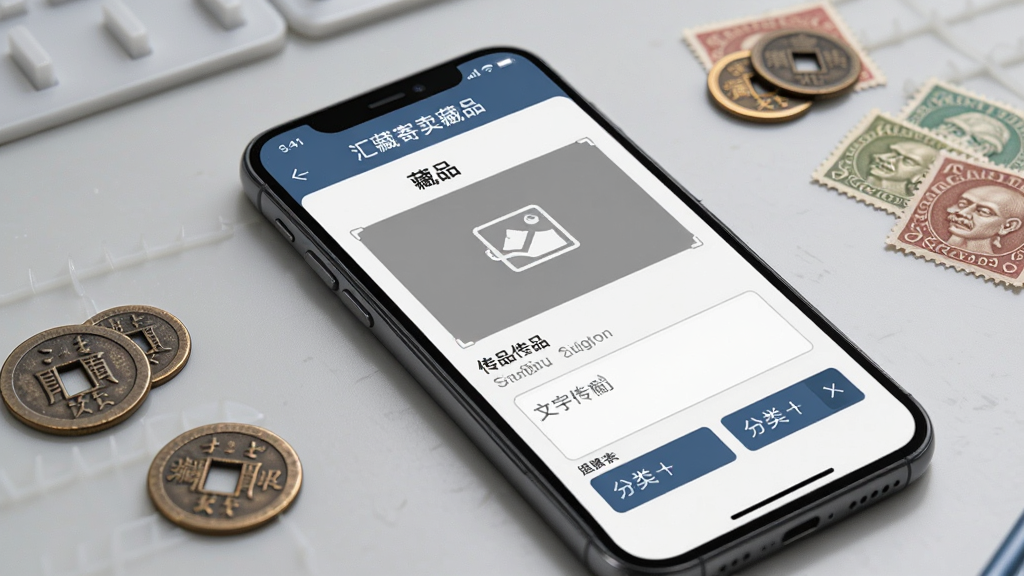 汇藏寄卖藏品寄卖管理界面,手机屏幕显示藏品上架表单,包含图片上传区域、文字输入框和分类选择按钮,背景为浅灰色工作台,旁边散落几枚古钱币和邮票作为装饰,风格写实,画质清晰,无杂乱元素
