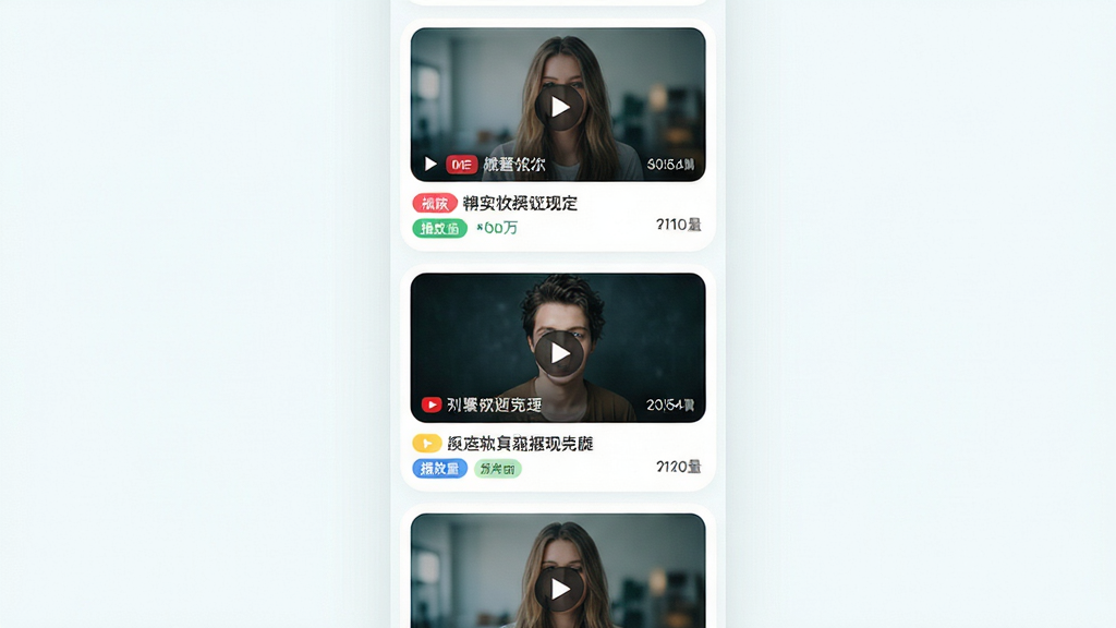 视分享软件首页推荐界面,画面展示垂直滚动的视频信息流,每个视频卡片包含缩略图、标题和播放量,布局为上下排列的卡片列表,风格为清新浅色系设计,细节包括圆角卡片、彩色标签、清晰的文字层级,画质高清干净,无多余元素
