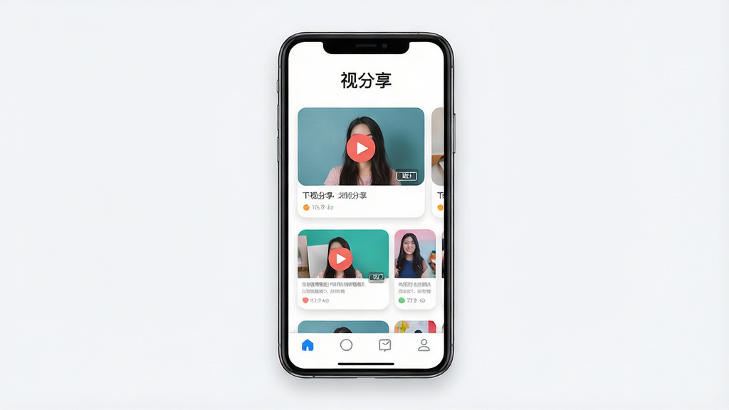 一张展示视分享软件核心界面的图片,画面中央是手机屏幕,屏幕内显示视频分享平台的主页布局,上方有