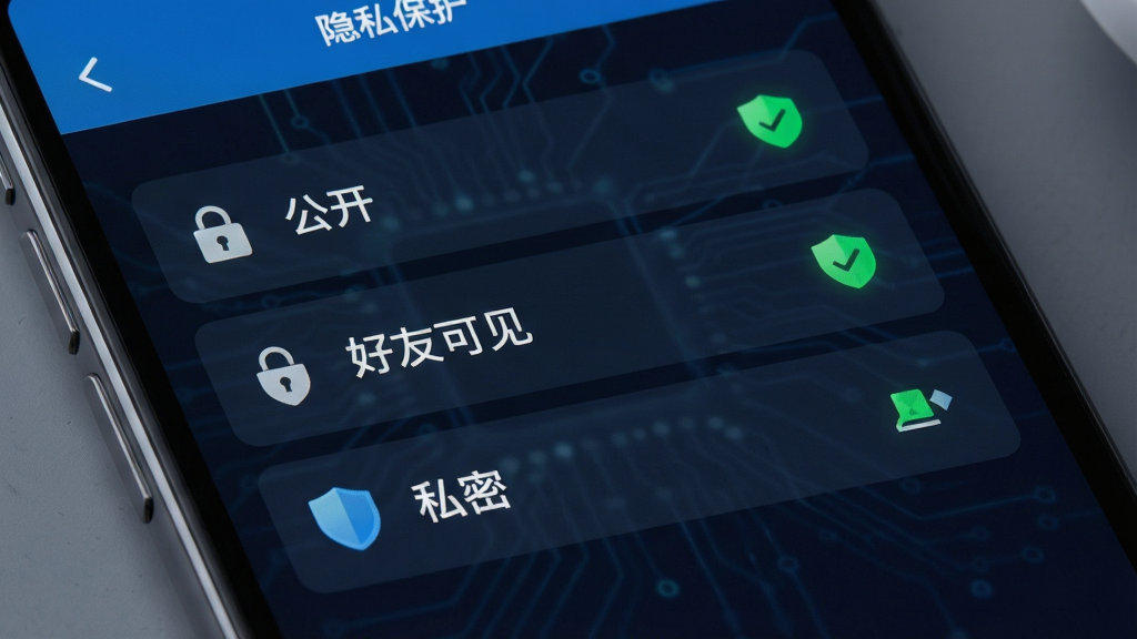 视分享软件隐私设置页面示意图,画面展示手机屏幕上的隐私选项列表,包括公开、好友可见、私密等选项,旁边有盾牌图标象征安全保护,布局为设置菜单样式,风格为安全科技风格,细节包括锁形图标、绿色安全标识、清晰的选项文字,画质高清干净,无多余元素