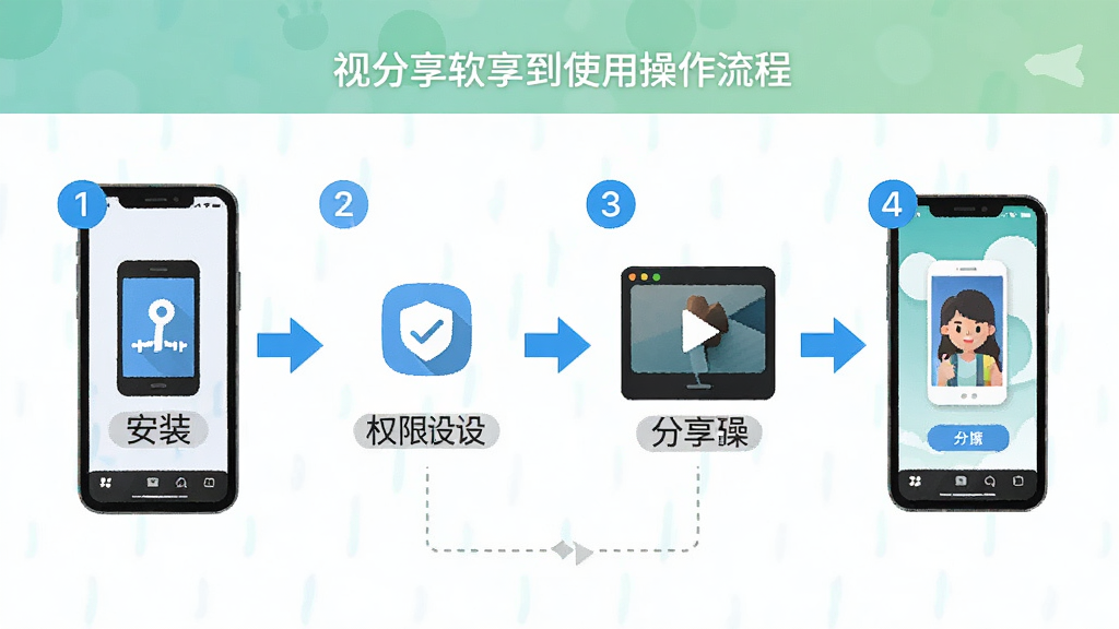 视分享软件在手机上的操作流程示意图,画面展示从安装到使用的各个环节,包括下载安装、权限设置、视频上传、分享操作等步骤,布局为流程图形式,风格为清新教程风格,细节包括箭头引导、步骤编号、清晰的图标说明,画质高清干净,无多余元素