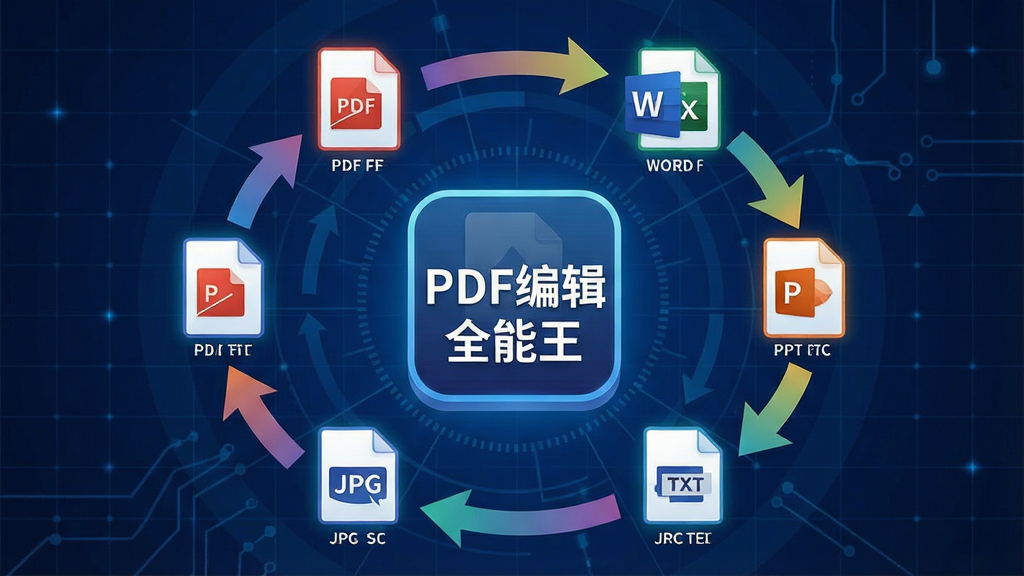 一张信息图风格的图片,画面中央是“PDF编辑全能王”的图标,周围有PDF、Word、Excel、PPT、JPG、TXT等文件格式图标,箭头从PDF指向其他格式,又从其他格式指回PDF,形成循环转换的视觉效果,背景为深蓝色科技网格,图标带有发光边缘,布局为圆形放射状,风格为扁平化信息图,细节包括箭头的渐变色彩和文件图标的小字标注,画质清晰干净,无多余元素