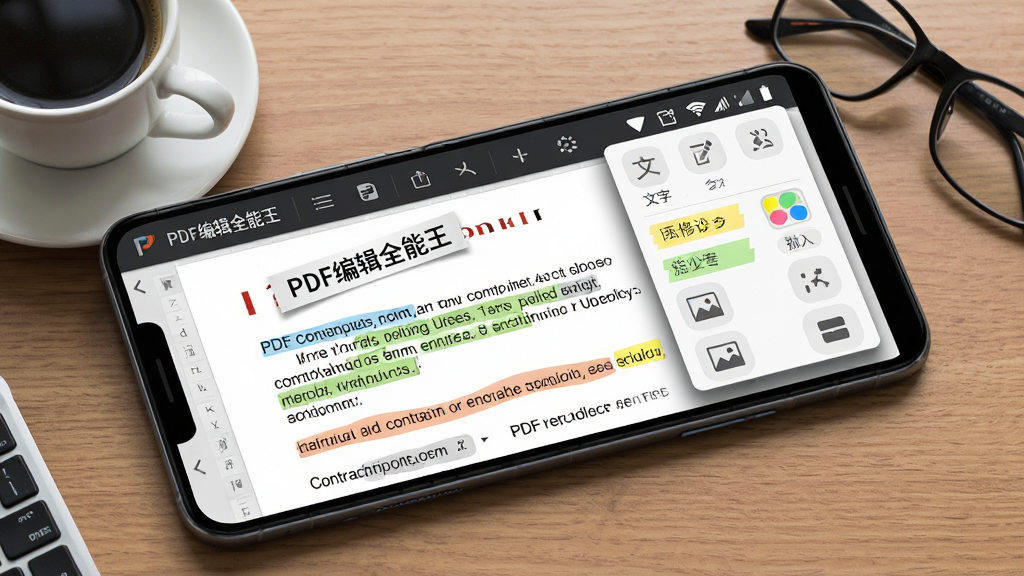 一部安卓手机横屏展示,屏幕中显示“PDF编辑全能王”正在编辑一份PDF合同,合同文字被高亮标注,旁边弹出编辑工具栏,包含文字修改、颜色标记、插入图片等按钮,手机放在木质办公桌面上,旁边有一杯咖啡和一副眼镜,布局为斜角俯拍,风格为商务写实风,细节包括屏幕上文字的锐利度和工具栏的阴影,画质高清干净,无多余元素