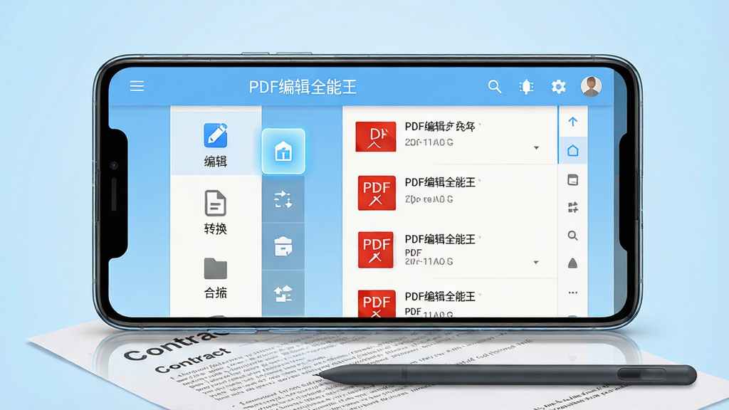 一张展示安卓手机屏幕的图片,屏幕中央显示“PDF编辑全能王”软件主界面,界面左侧为功能菜单栏,包含编辑、转换、合并、压缩等图标,右侧为最近打开的PDF文档列表,背景为干净的浅蓝色渐变,手机下方放着一份纸质合同和一支触控笔,整体布局为居中构图,风格为现代扁平化科技风,细节包括界面按钮的微光效果和手机边框的反光,画质清晰干净,无多余元素