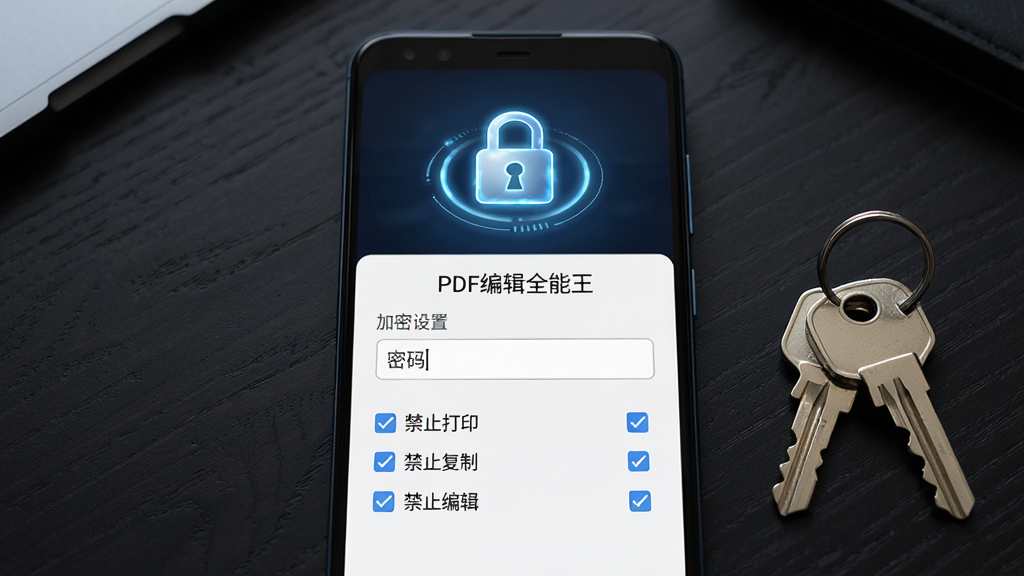一部安卓手机屏幕显示“PDF编辑全能王”的加密设置界面,界面中有密码输入框、权限勾选项(禁止打印、禁止复制、禁止编辑),屏幕上方有一把发光的锁图标,手机放置在深色桌面上,旁边有一串钥匙,布局为手机居中特写,风格为安全科技风,细节包括锁图标的光晕和权限选项的复选框状态,画质清晰干净,无多余元素