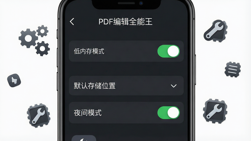 一张手机屏幕截图风格的图片,展示“PDF编辑全能王”的设置界面,界面中包含“低内存模式”开关、“默认存储位置”选项、“夜间模式”开关,屏幕背景为深灰色夜间主题,手机周围有齿轮和扳手的小图标漂浮,布局为手机正面居中,风格为科技设置风,细节包括开关按钮的绿色高亮和选项文字的清晰度,画质干净无多余元素