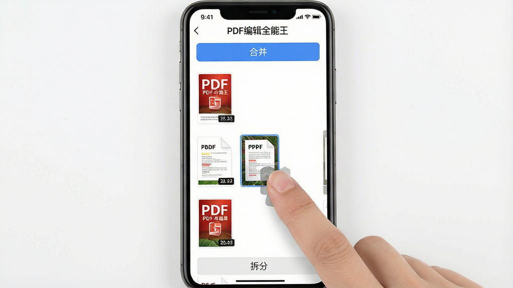 一张展示手机屏幕的图片,屏幕中“PDF编辑全能王”处于文件合并界面,多个PDF文件缩略图纵向排列,用户手指正在拖动其中一个缩略图调整顺序,界面顶部有“合并”按钮,底部有“拆分”选项,背景为纯白色,布局为手机正面平视,风格为极简工具风,细节包括缩略图的页码标签和拖动时的半透明效果,画质清晰干净,无多余元素