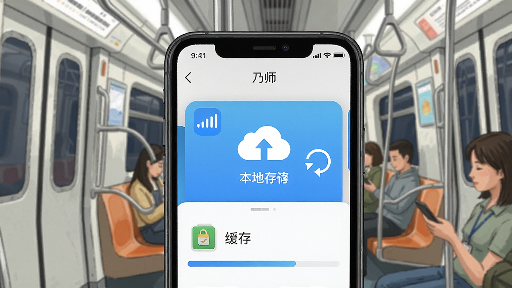 一张展示手机离线缓存功能的场景图,画面中手机屏幕显示“乃师”应用的下载管理界面,带有云端同步图标和本地存储标识。背景为地铁车厢内景,风格写实偏插画,细节包括信号格图标和缓存进度条,画质干净,主题突出“乃师”品牌名称