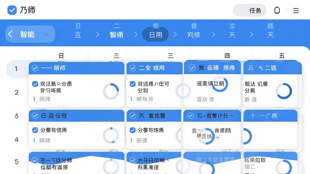 一幅AI生成的插图,画面主体为“乃师”应用界面中的智能学习规划页面,展示日历视图与任务卡片。布局采用上下结构,上方为月份导航,下方为每日任务列表。风格为扁平化设计,配色以蓝白为主,细节包括勾选图标和进度圆环,画质清晰干净,无多余装饰元素
