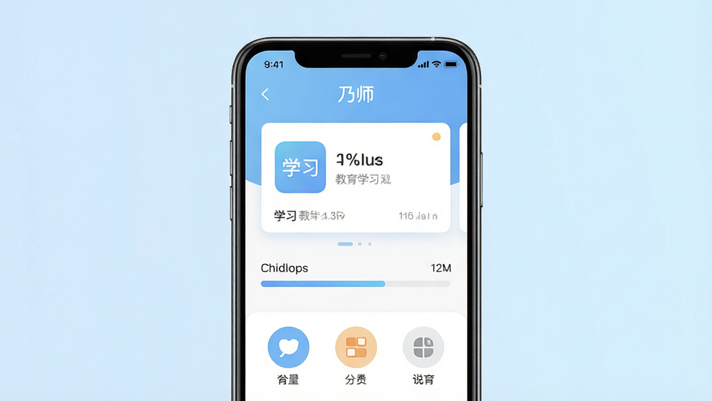 一张简洁的手机应用界面展示图,画面中央放置一部智能手机,手机屏幕上显示“乃师”应用的主页界面,包含学习卡片、进度条和分类图标。背景为淡蓝色渐变,风格清新简约,排版居中对称,细节清晰,画质干净无多余元素,整体呈现现代教育类App的视觉风格