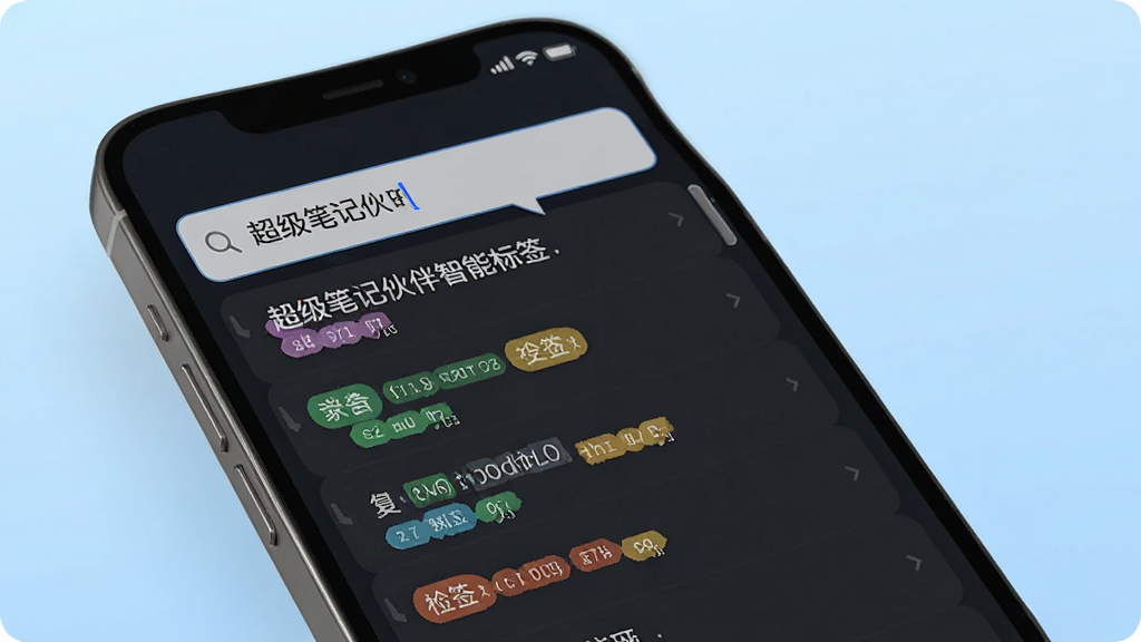 一张展示超级笔记伙伴智能标签与全文检索功能的界面截图风格图片,画面主体为手机屏幕,屏幕内显示搜索框输入关键词后弹出多条匹配笔记列表,每条笔记旁带有彩色标签,背景为浅蓝色渐变,风格简洁科技感,细节清晰,画质干净,无多余元素