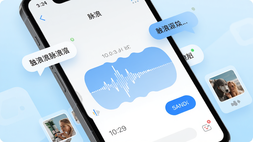 一部智能手机屏幕特写,展示脉浪聊天界面中正在发送一条语音消息,屏幕上有语音波形动画和发送按钮,周围有漂浮的文字气泡和图片缩略图,背景为浅蓝色渐变,风格清爽简约,细节包括时间戳和已读标记,画质高清,干净,无多余元素