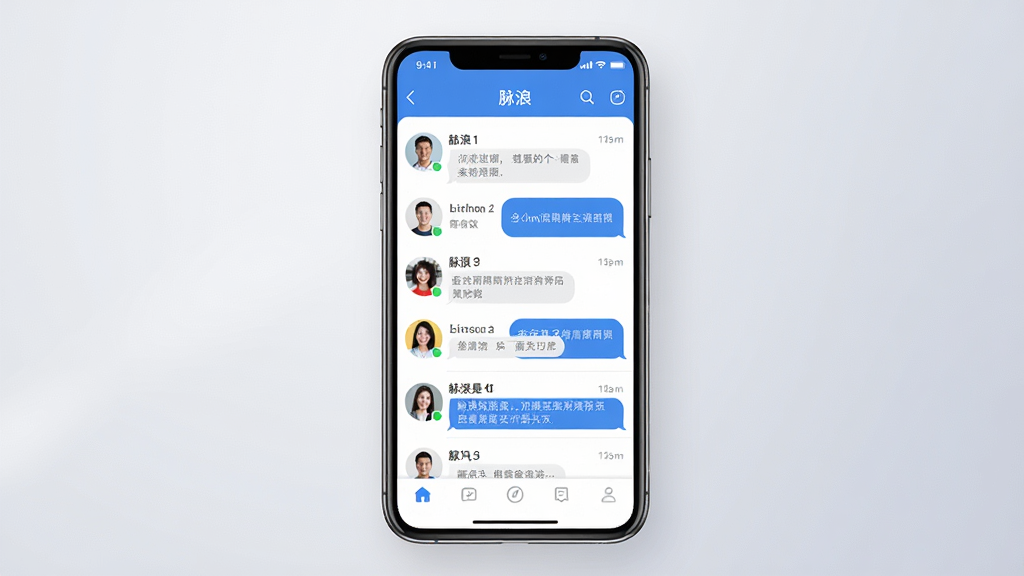 一张展示脉浪软件主界面的图片,画面中央是手机屏幕,屏幕内显示脉浪应用聊天列表界面,包含多个联系人头像和消息气泡,界面风格简洁现代,以蓝色和白色为主色调,背景为柔和渐变浅灰色,整体布局清晰,风格写实科技感,细节包括状态栏图标、底部导航栏按钮,画质高清,干净,无多余元素