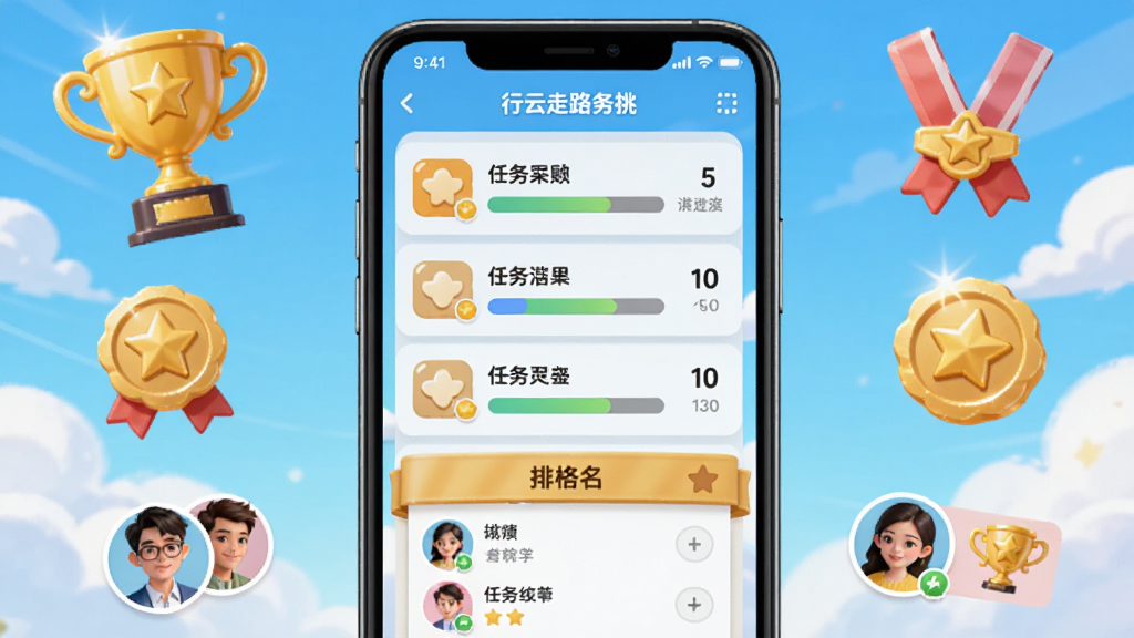 行云走路任务挑战界面展示图,画面中央为手机屏幕显示任务列表和排行榜,周围有奖杯、勋章、好友头像等元素,布局为居中排版,风格活泼明亮,细节包括任务名称、进度条、排名数字,画质清晰,干净,无多余元素