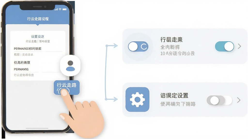 行云走路使用教程示意图,画面为手机屏幕显示权限设置界面,旁边有手指点击图标和齿轮图标,布局为左侧手机右侧设置选项,排版简洁,风格扁平化,细节包括权限开关、文字说明,画质清晰,干净,无多余元素
