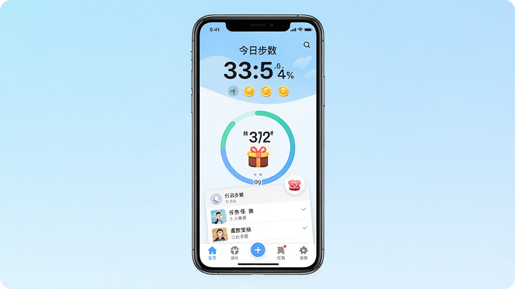 行云走路APP主界面截图,画面中央展示手机屏幕,屏幕内为行云走路应用首页,顶部显示今日步数大数字,中部有圆形进度条和虚拟奖励图标,底部为功能导航栏,背景为浅蓝色渐变,风格清新简洁,细节包括步数数字、金币图标、任务列表,画质清晰,干净,无多余元素