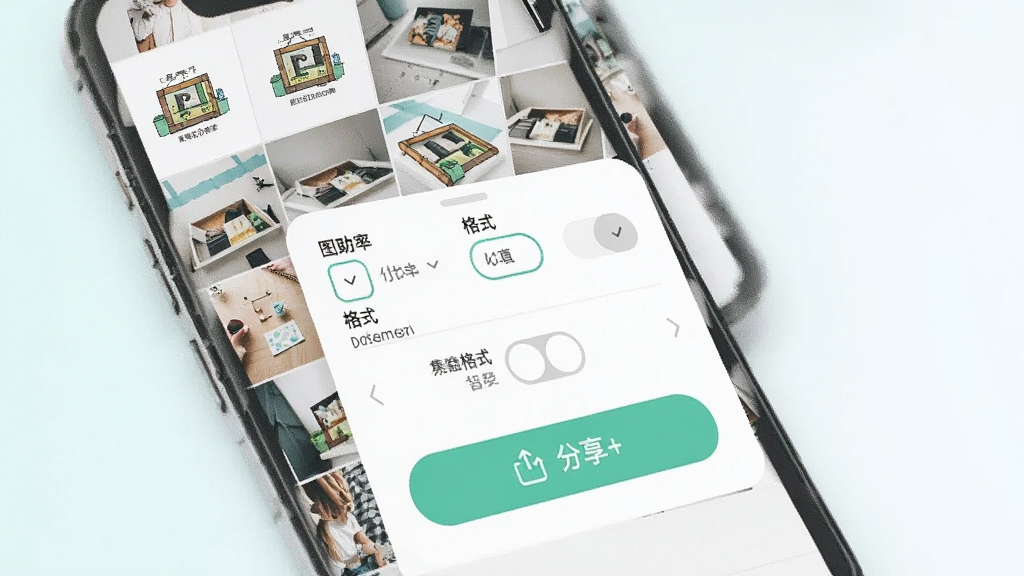 拼豆图纸制作助手导出分享界面,手机屏幕显示图纸导出设置面板,包含分辨率选择、格式切换和分享按钮,背景是手机相册缩略图排列,风格现代简洁,配色清新,画质清晰干净