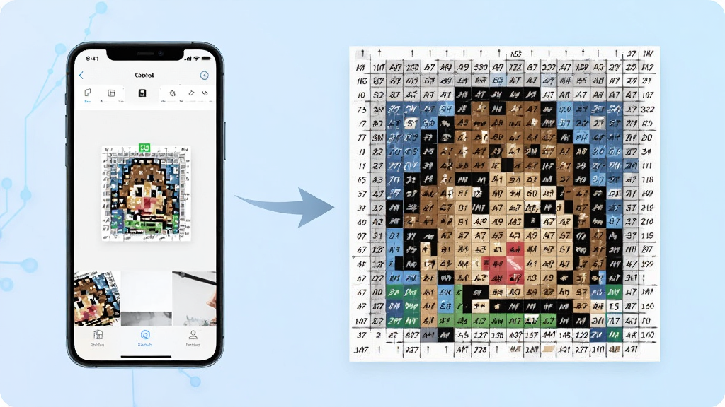 拼豆图纸制作助手操作流程展示图,画面中一部手机屏幕显示从相册选择图片的界面,旁边用箭头连接一张已经转换为像素网格的拼豆图纸,图纸上标注着清晰的色号和网格线,背景为淡蓝色渐变,风格简洁科技感,画质清晰干净