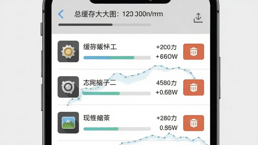 一张手机存储管理界面示意图,画面展示手机屏幕上的缓存管理页面,列表中有多个已缓存项目,每个项目右侧有大小标注和删除按钮,顶部有总缓存大小统计,背景为浅灰色,风格为实用工具类UI,细节包括进度条和图标设计,画质清晰,无多余元素