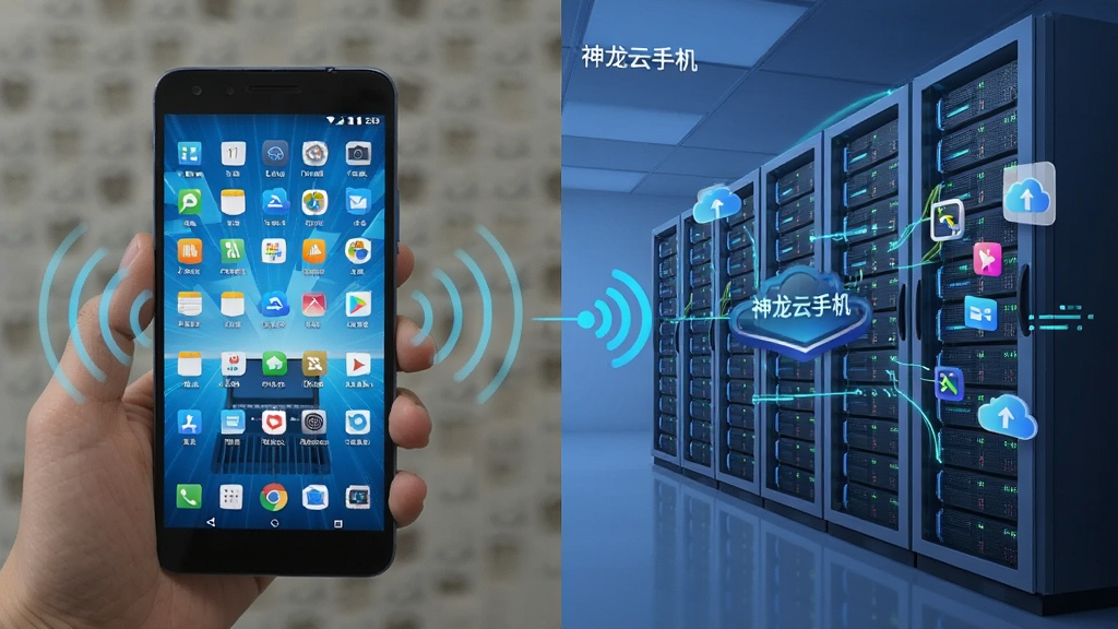 一部普通手机与一台云端服务器通过无线信号连接,手机屏幕映射出另一个完整安卓桌面,画面采用左右分屏布局,左侧为手持手机实拍风格,右侧为发光服务器机柜,风格为科技插画,细节包含信号波纹、数据流线条、图标悬浮,画质高清,干净,无多余元素,画面中标注文字
