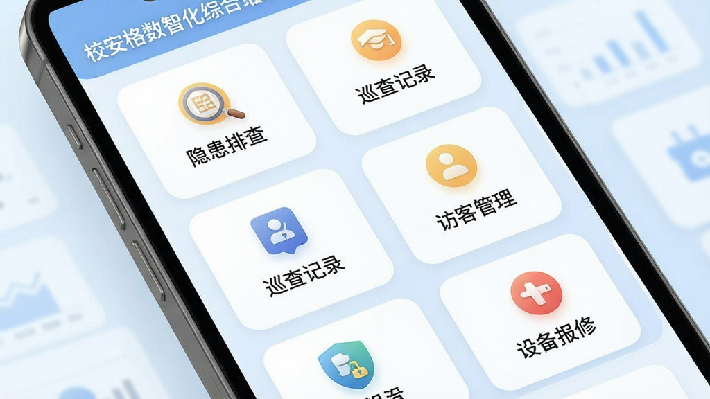 校安格数智化综合治理系统功能界面,画面展示手机屏幕中多个安全模块卡片整齐排列,包括隐患排查、巡查记录、访客管理、设备报修等图标,布局为网格状,排版疏朗,风格为清新简约商务风,细节有淡蓝色背景、白色圆角卡片、彩色功能图标,画质清晰,干净,无多余元素