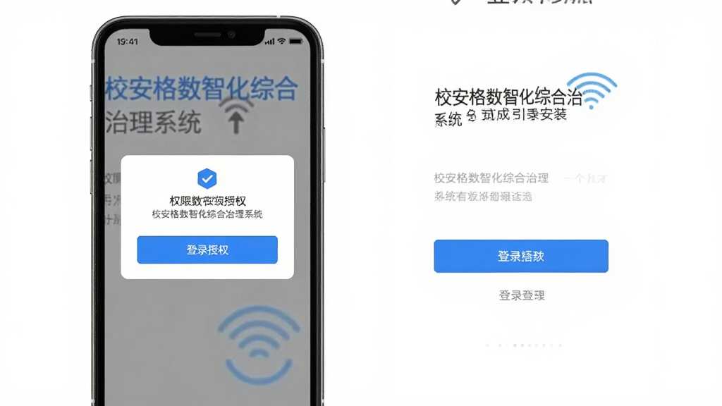 校安格数智化综合治理系统安装引导界面,画面展示手机屏幕中权限授权弹窗与登录页面,布局为上下排列,排版清晰,风格为扁平化工具风,细节包含蓝色授权按钮、白色背景、灰色说明文字,画质高清,干净,无多余元素