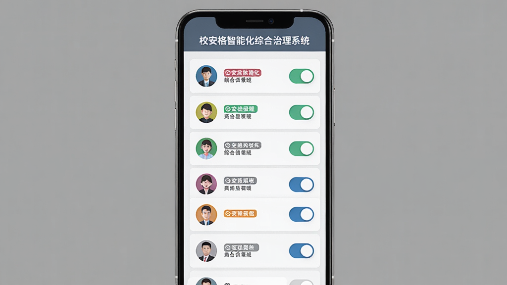 校安格数智化综合治理系统角色权限界面,画面展示手机屏幕中不同角色头像与权限开关列表,布局为纵向列表,排版整齐,风格为商务简约风,细节包含灰色背景、彩色角色标签、开关按钮,画质高清,干净,无多余元素