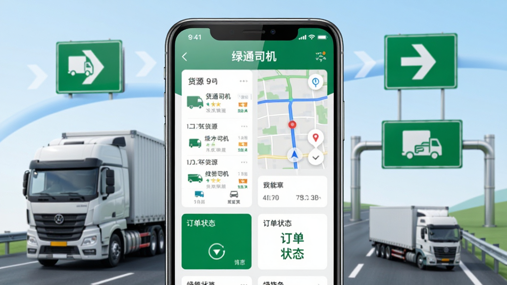 画面中央展示一部智能手机,手机屏幕上显示“绿通司机”APP的首页界面,界面中包含货源列表、导航地图和订单状态卡片。手机周围环绕着货车、公路、绿色通道标识等元素。布局采用居中构图,背景为浅蓝色渐变,风格为写实科技风。细节包括手机屏幕的高清反光、货车图标、绿色箭头指示。画质清晰,干净,无多余元素。