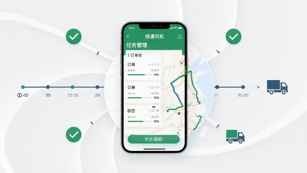 画面中央为“绿通司机”APP的任务管理页面,显示订单列表、运输轨迹地图和状态标签。周围环绕着时间轴、勾选图标和货车图标。布局采用中心辐射式构图,背景为浅灰色。风格为简约商务风。细节包括清晰的文字标签、进度条、地图轨迹线。画质高清,干净,无多余元素。