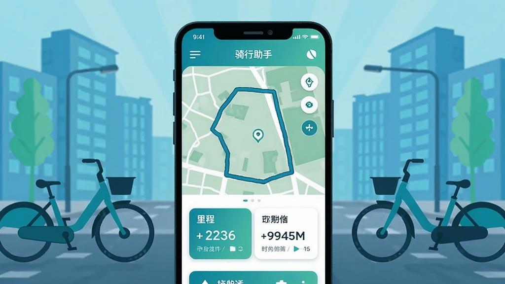 画面中央放置一部智能手机,屏幕上显示共享单车骑行助手应用的主界面,界面中有骑行轨迹地图、里程数字和时长统计卡片;背景是城市街道与共享单车的剪影,整体采用扁平化插画风格,色调以蓝绿为主,干净明亮,画质清晰,无多余元素