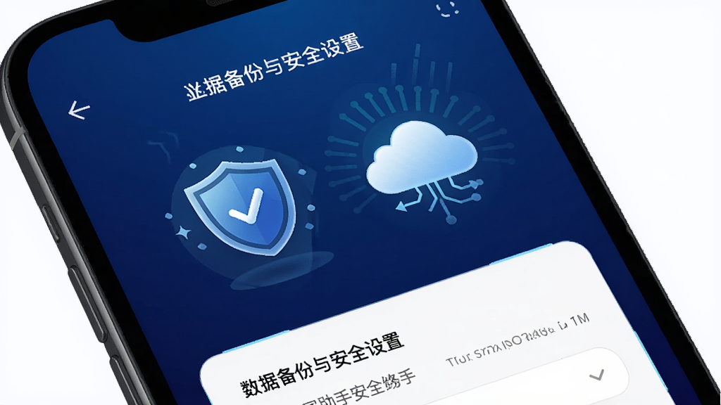 手机屏幕显示共享单车骑行助手的数据备份与安全设置页面,有盾牌图标和云朵图标,背景是深蓝色渐变,科技感插画风格,画质清晰,无多余元素